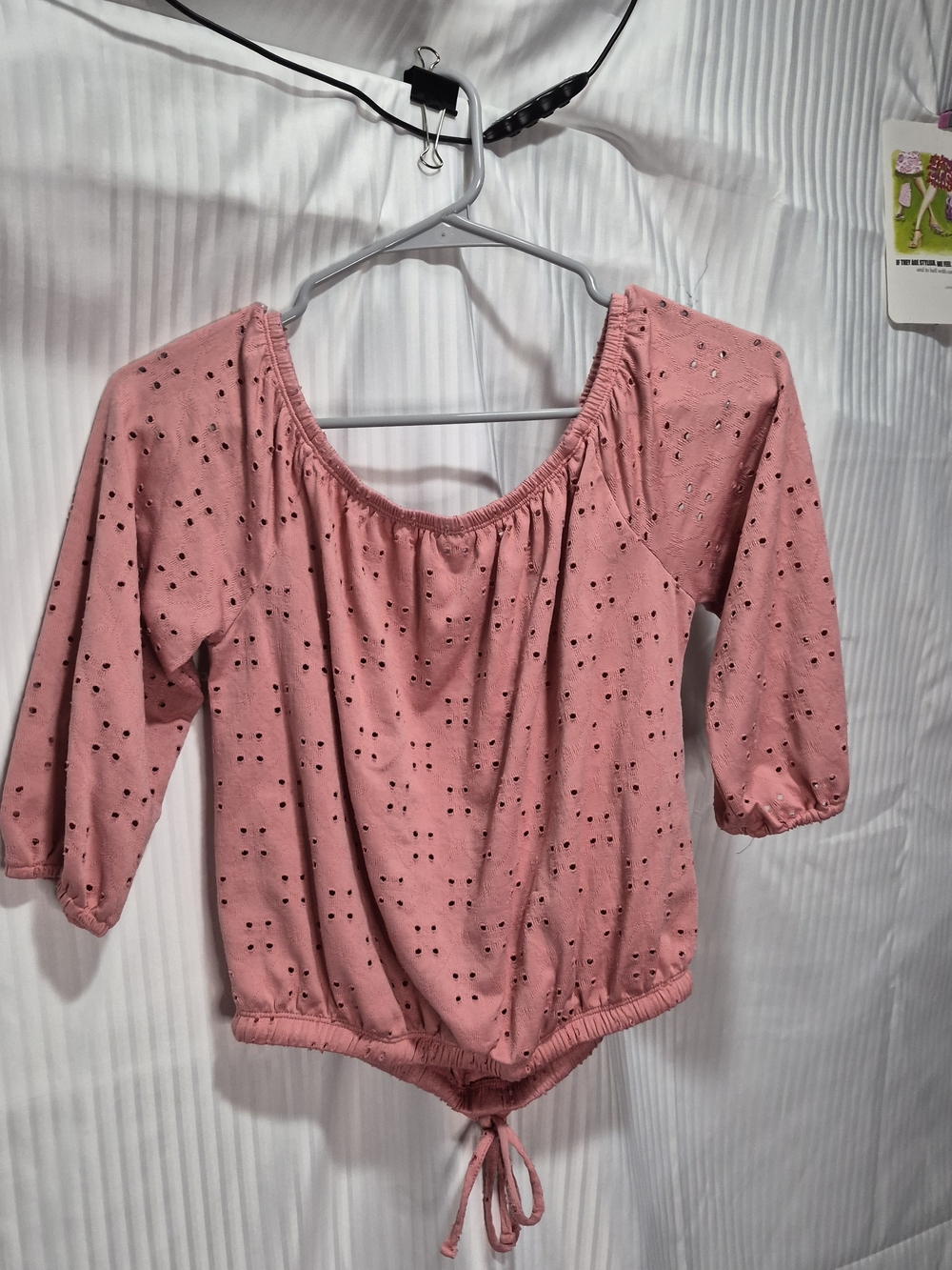 Pink Eyelet Button-Front Blouse with Drawstring Hem Size Small - Picture 6 of 7